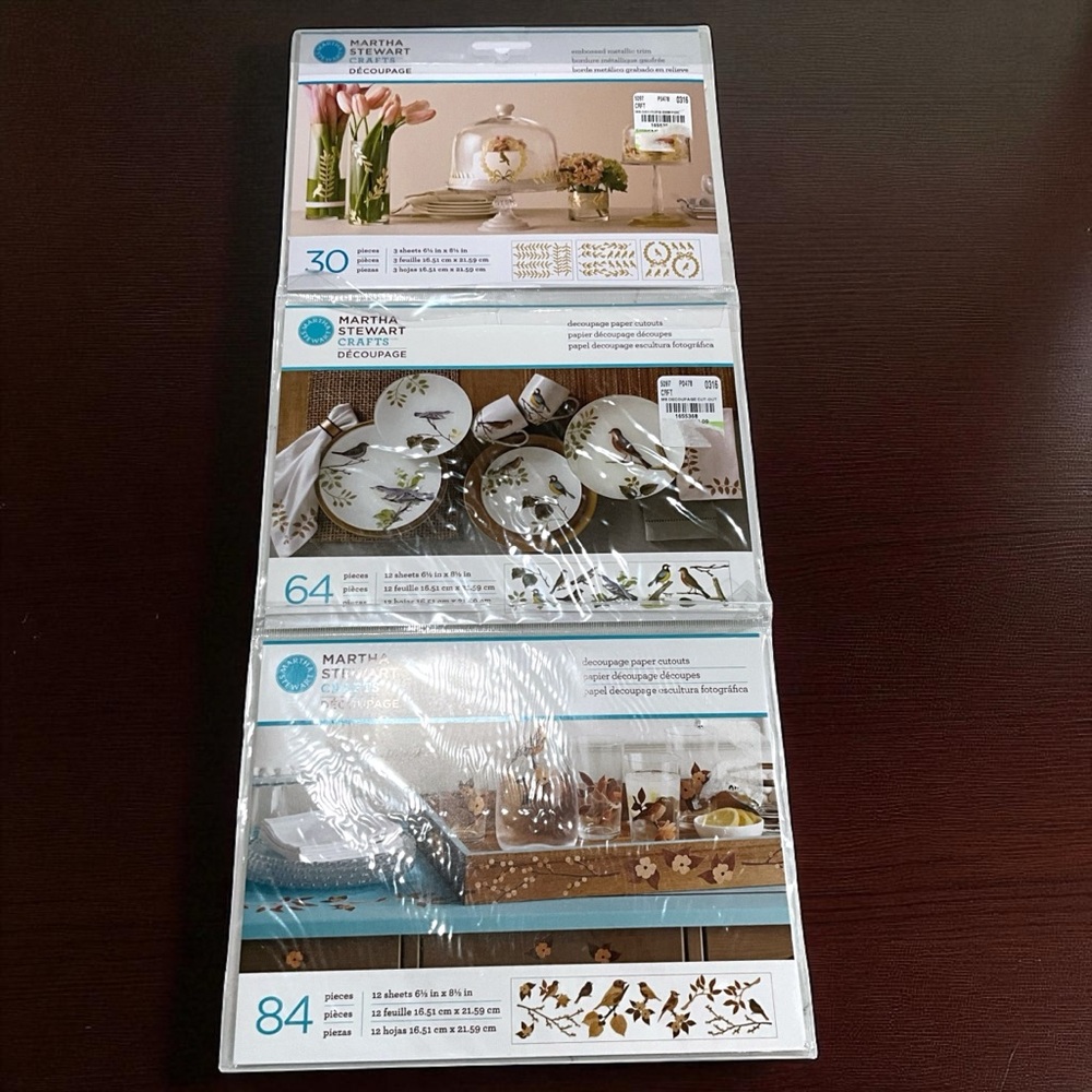 Martha Stewart Decoupage Cut Outs 3 Pack Birds & Embossed Metallic Trim NEW
